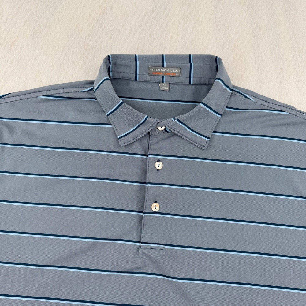 Peter Millar Summer Comfort Mens XL Gray Blue Striped Performance Golf Polo